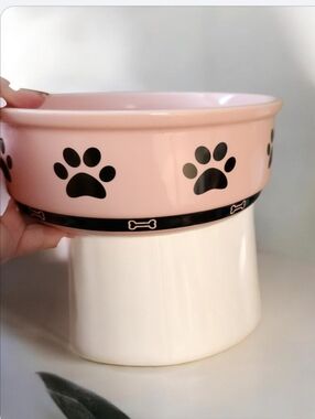 Pink Ceramic Dog Bowl with Black Paw & Bone Accent● NEW, NO BOX